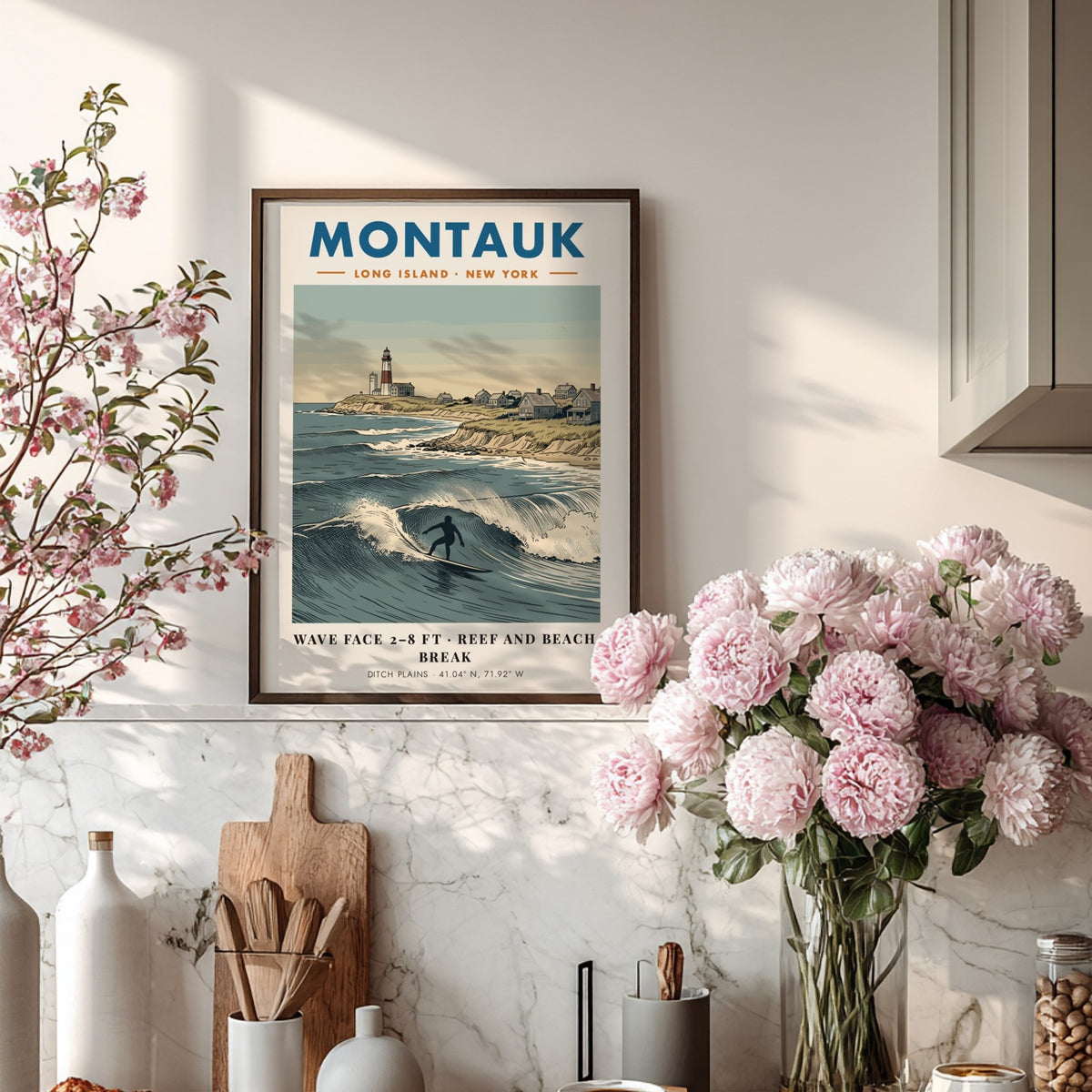 Poster of Montauk lighthouse and surfer at Ditch Plains with blue ocean waves