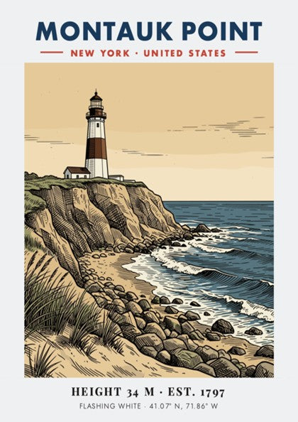 Poster of Montauk Point lighthouse featuring a tan sky and blue ocean waves