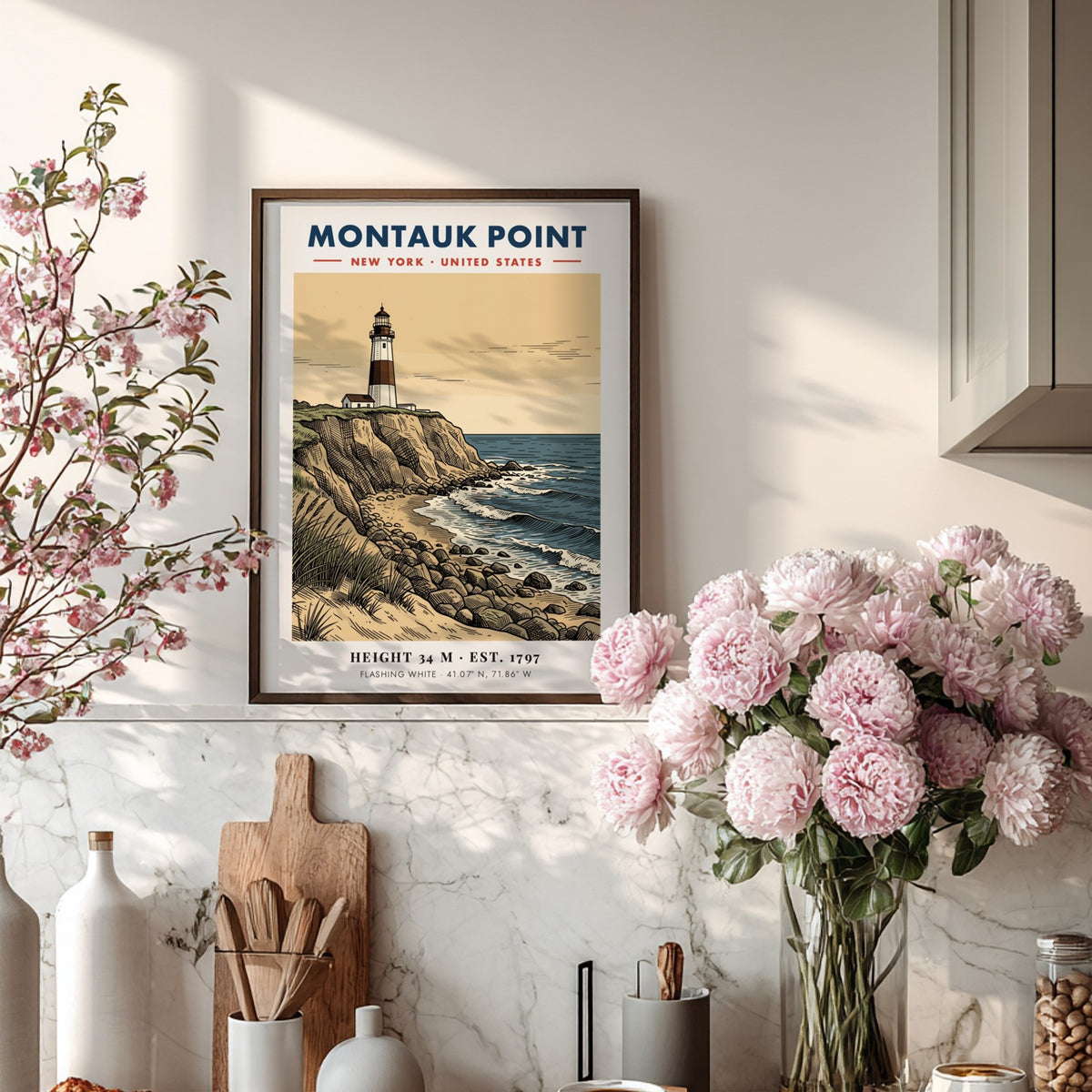 Poster of Montauk Point lighthouse featuring a tan sky and blue ocean waves