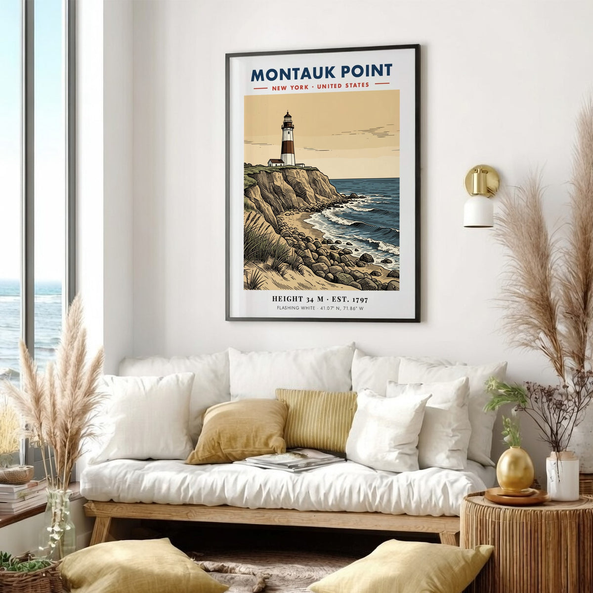 Poster of Montauk Point lighthouse featuring a tan sky and blue ocean waves
