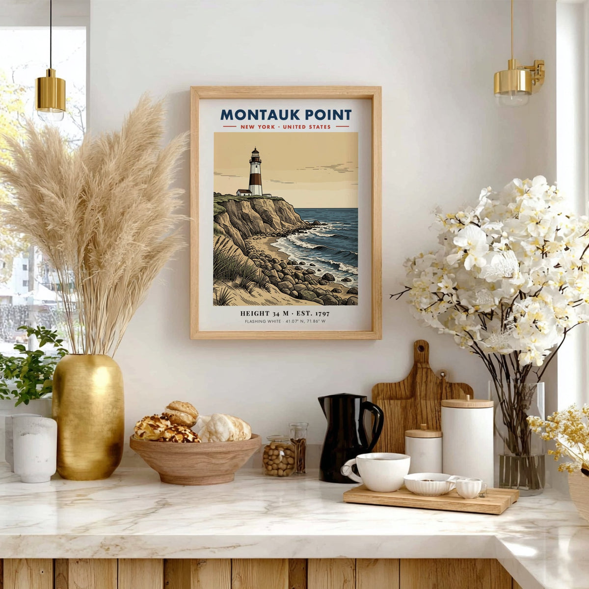 Poster of Montauk Point lighthouse featuring a tan sky and blue ocean waves
