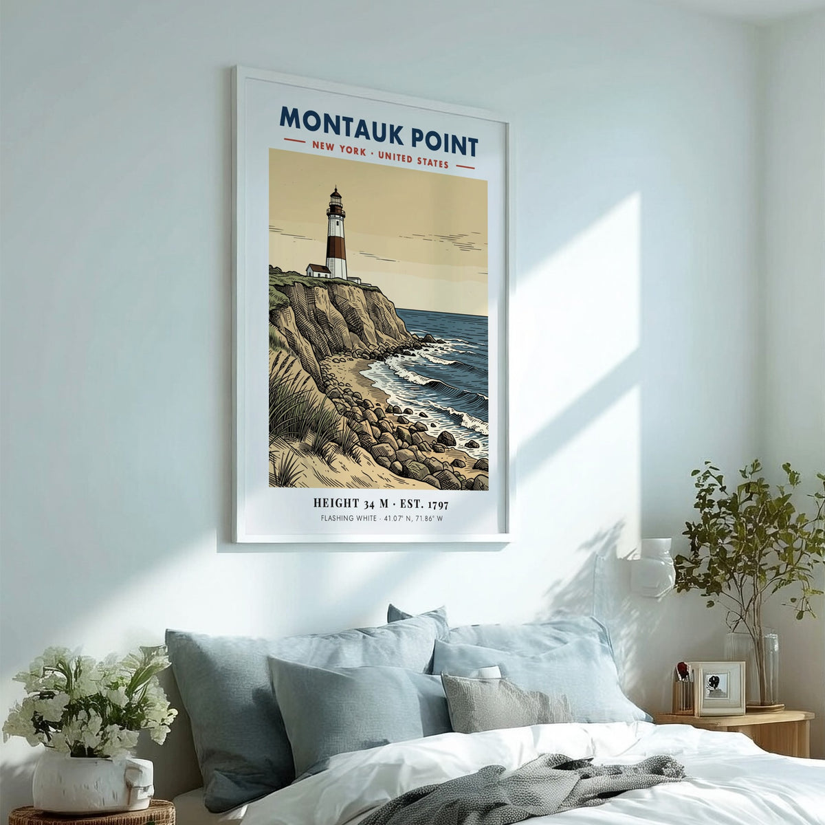 Poster of Montauk Point lighthouse featuring a tan sky and blue ocean waves