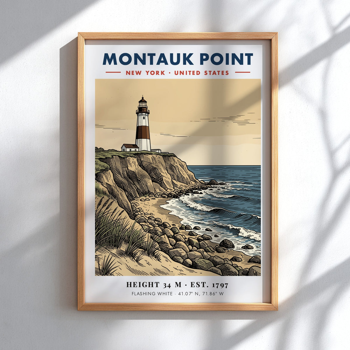 Poster of Montauk Point lighthouse featuring a tan sky and blue ocean waves