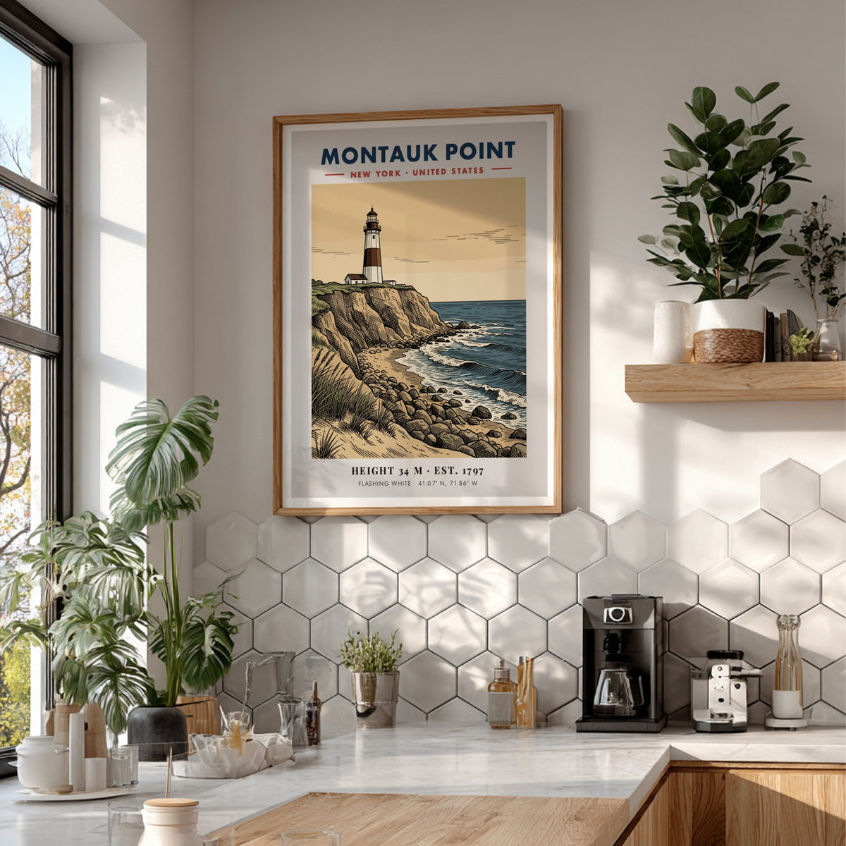 Poster of Montauk Point lighthouse featuring a tan sky and blue ocean waves
