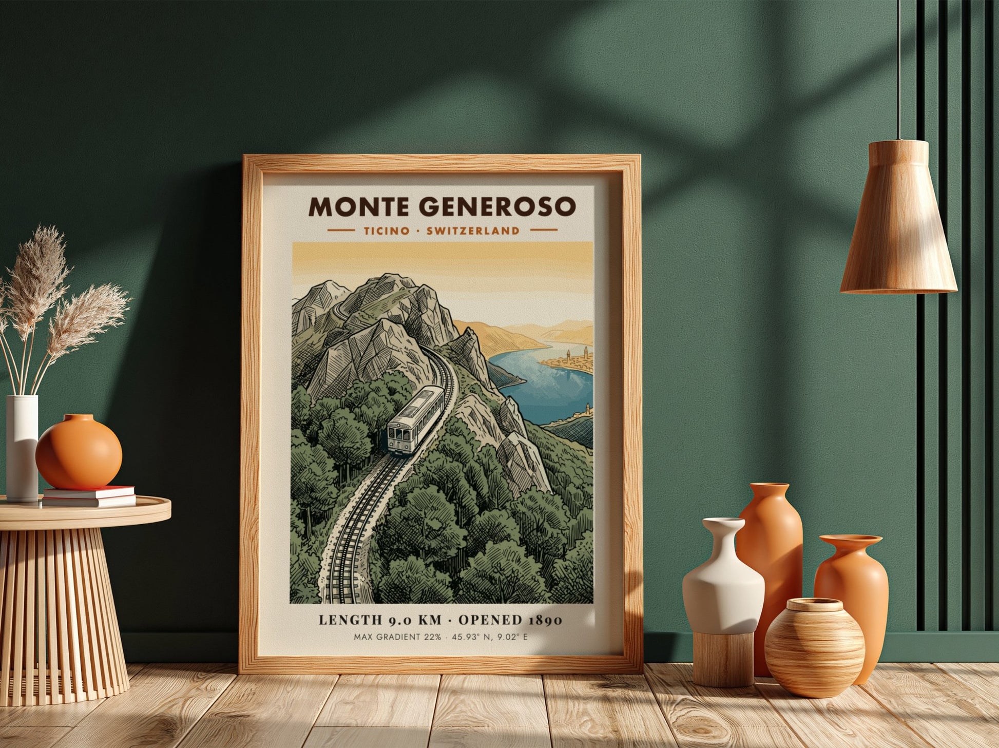 Poster of the Monte Generoso railway winding through green mountains in Ticino Switzerland.