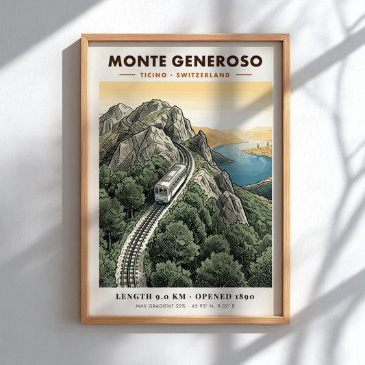 Poster of the Monte Generoso railway winding through green mountains in Ticino Switzerland.
