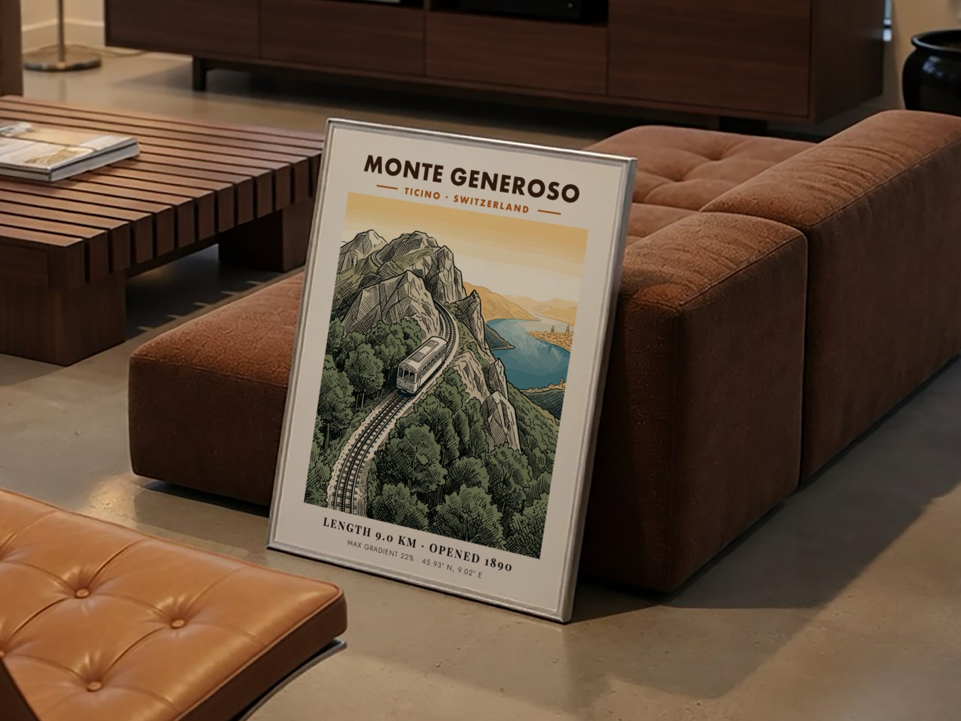 Poster of the Monte Generoso railway winding through green mountains in Ticino Switzerland.