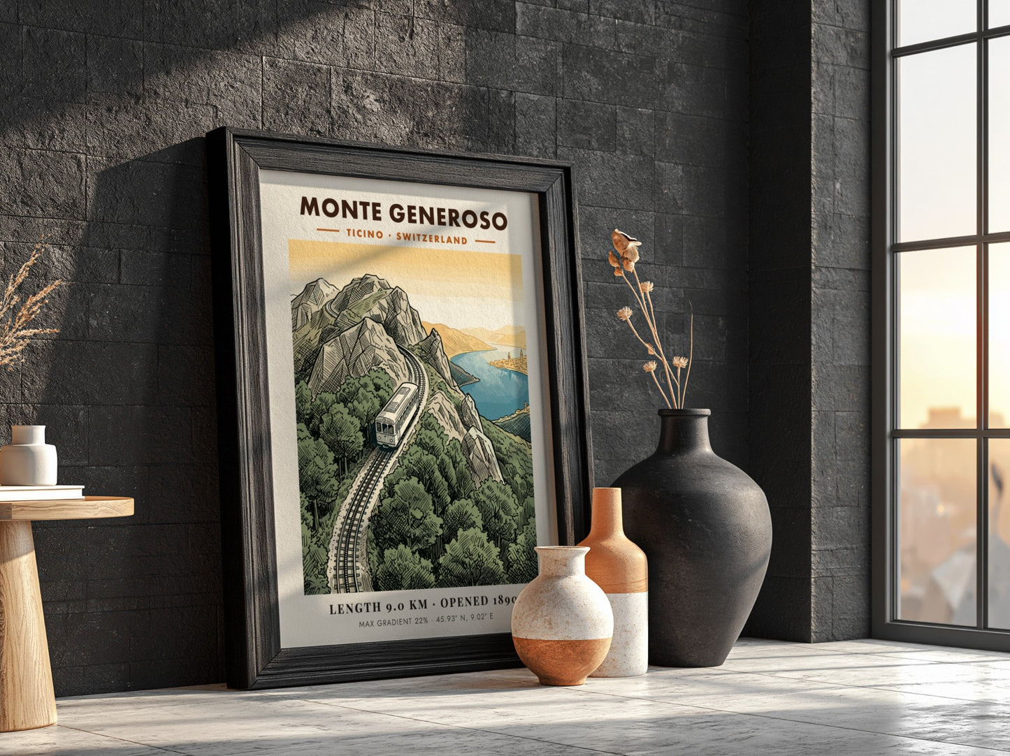 Poster of the Monte Generoso railway winding through green mountains in Ticino Switzerland.