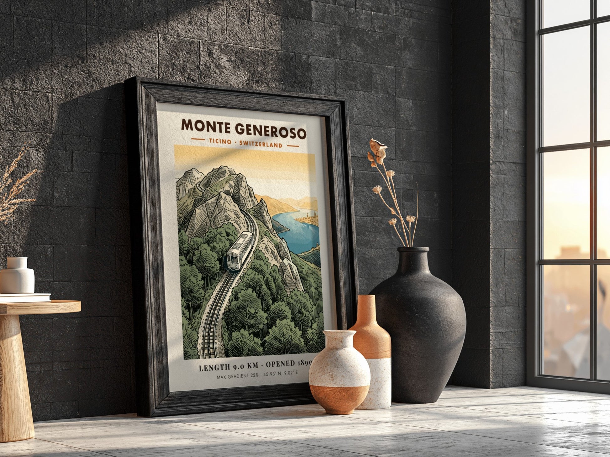 Poster of the Monte Generoso railway winding through green mountains in Ticino Switzerland.