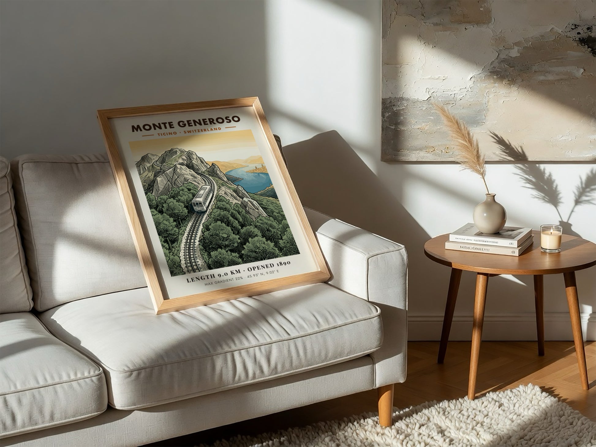 Poster of the Monte Generoso railway winding through green mountains in Ticino Switzerland.