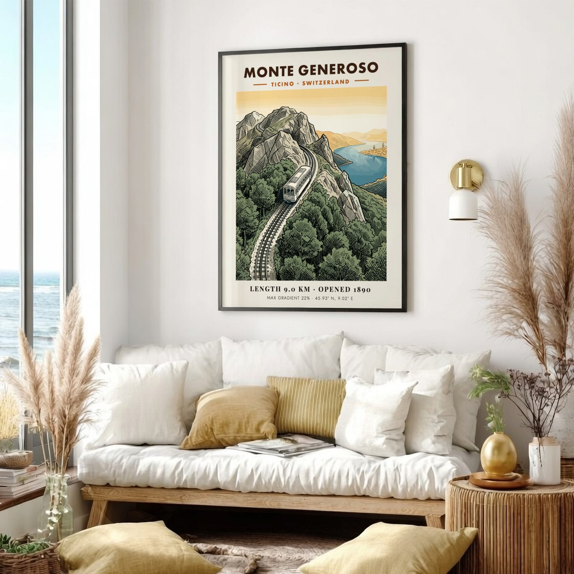 Poster of the Monte Generoso railway winding through green mountains in Ticino Switzerland.