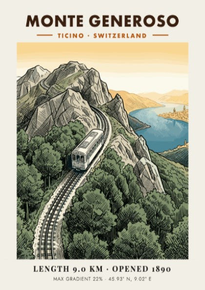 Poster of the Monte Generoso railway winding through green mountains in Ticino Switzerland.