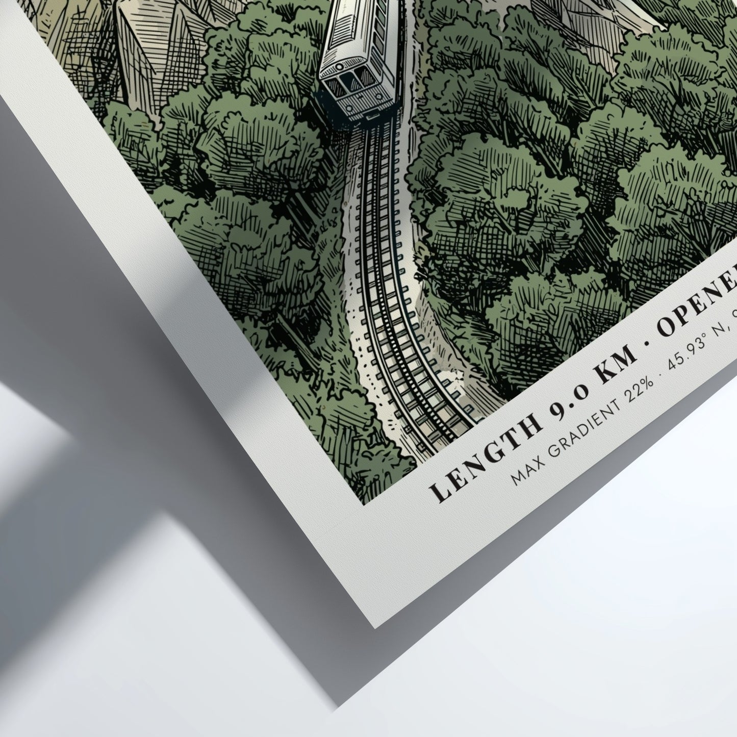 Poster of the Monte Generoso railway winding through green mountains in Ticino Switzerland.