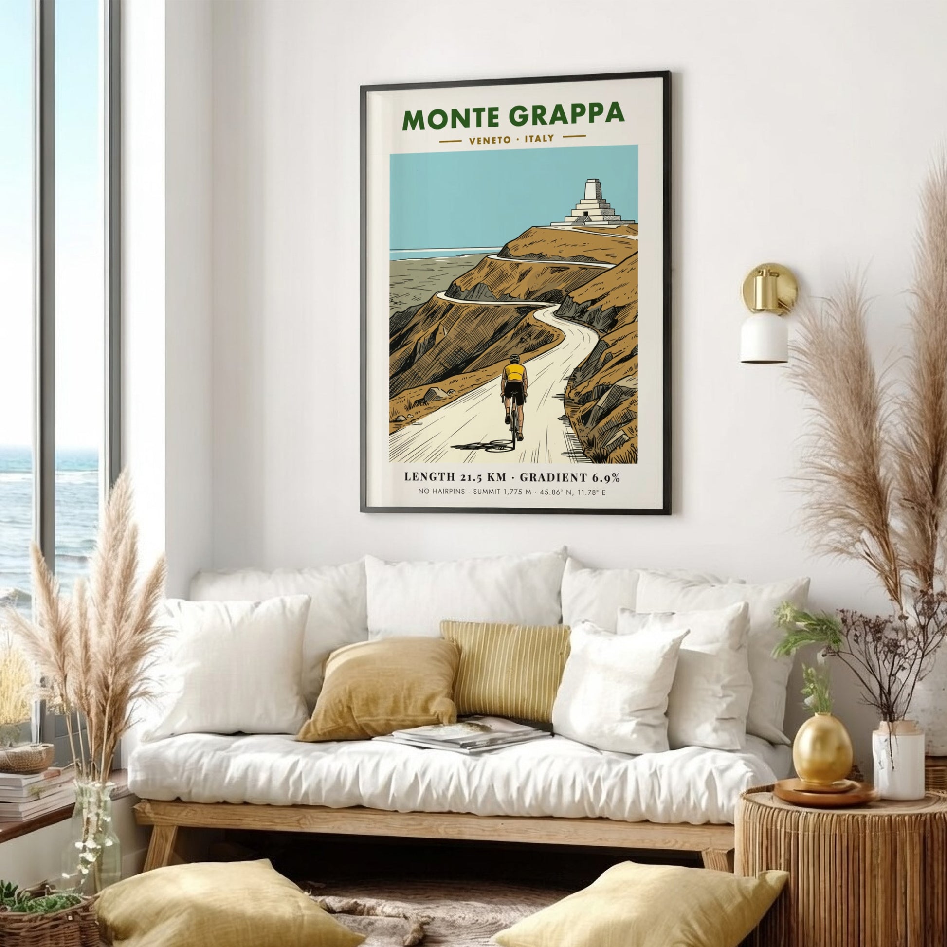Poster of a cyclist riding towards the Monte Grappa summit monument in Italy