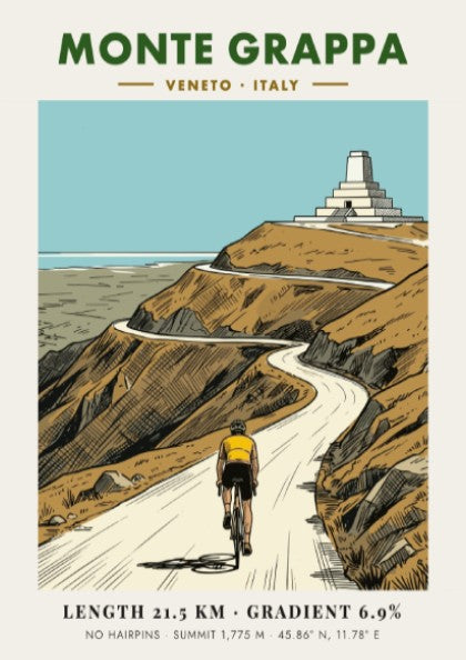 Poster of a cyclist riding towards the Monte Grappa summit monument in Italy