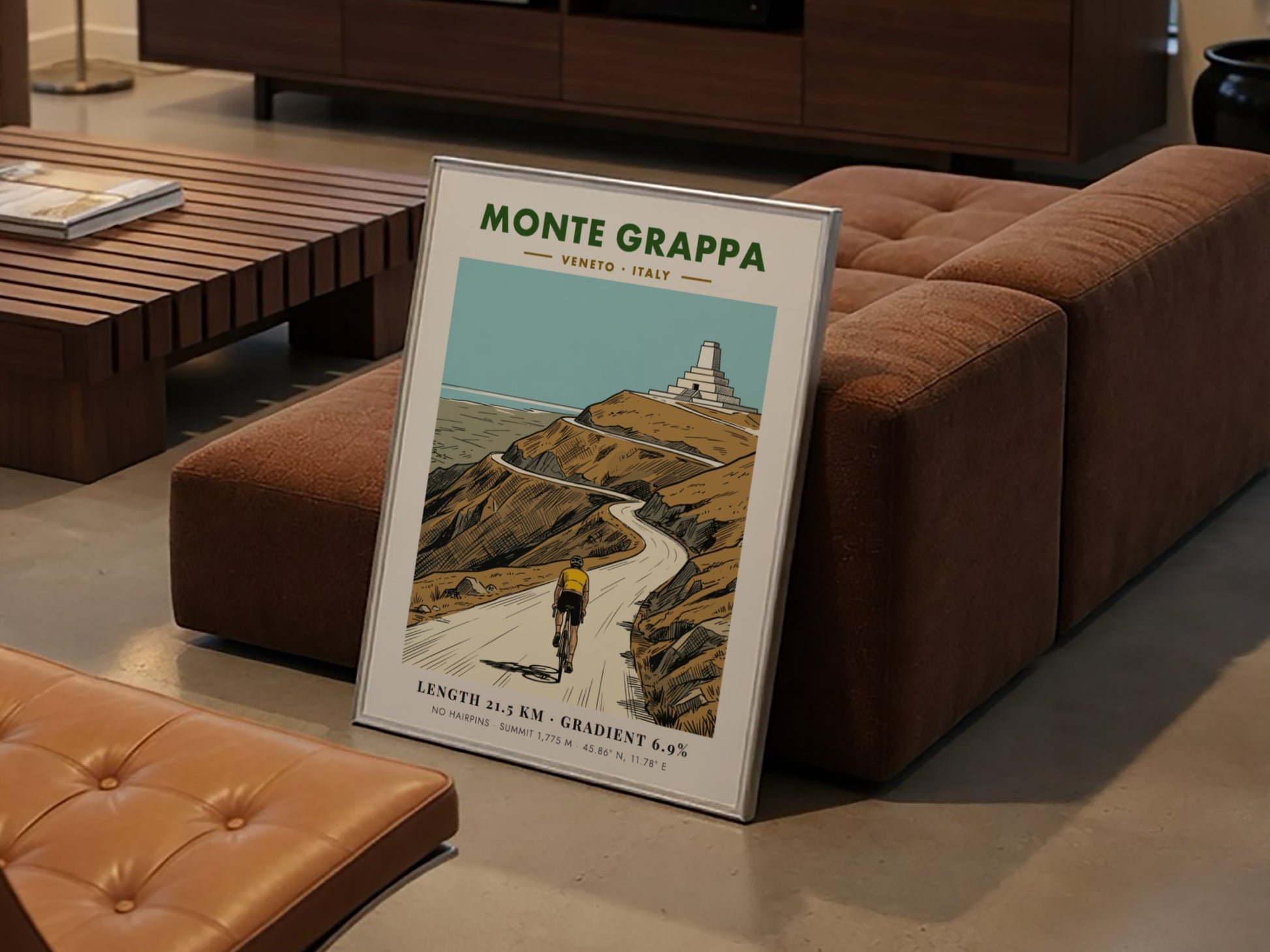 Poster of a cyclist riding towards the Monte Grappa summit monument in Italy