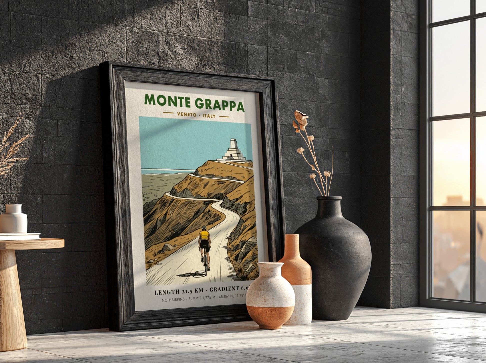 Poster of a cyclist riding towards the Monte Grappa summit monument in Italy
