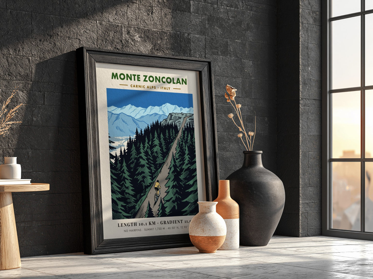 Poster of a cyclist climbing the steep Monte Zoncolan in the Carnic Alps, Italy.