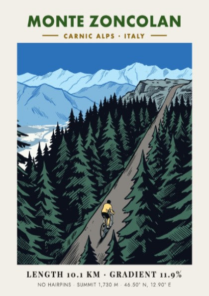 Poster of a cyclist climbing the steep Monte Zoncolan in the Carnic Alps, Italy.