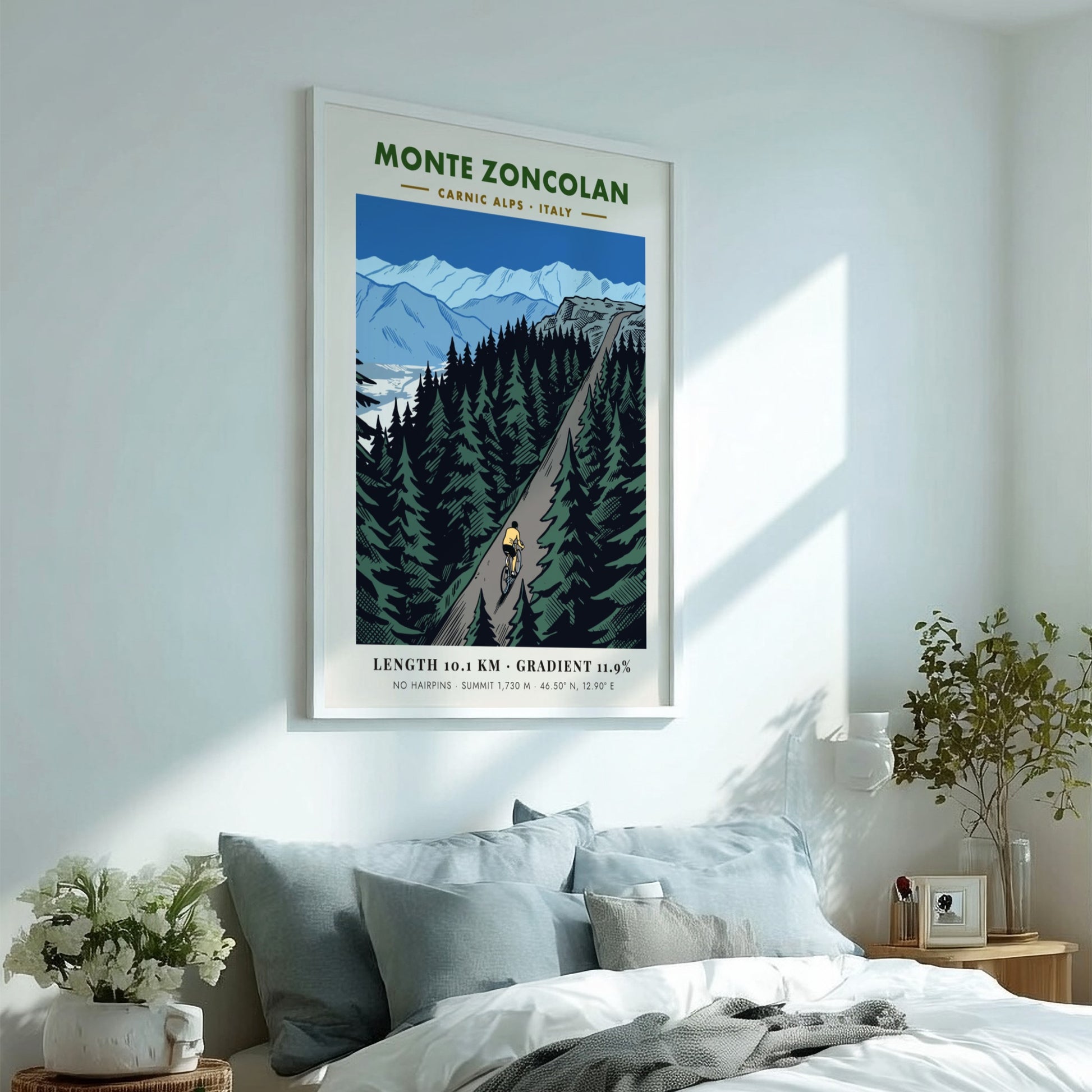 Poster of a cyclist climbing the steep Monte Zoncolan in the Carnic Alps, Italy.