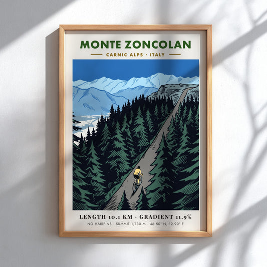 Poster of a cyclist climbing the steep Monte Zoncolan in the Carnic Alps, Italy.