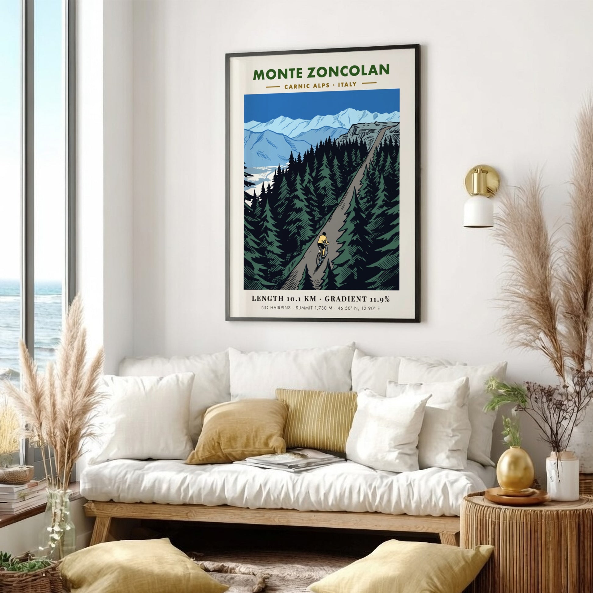 Poster of a cyclist climbing the steep Monte Zoncolan in the Carnic Alps, Italy.