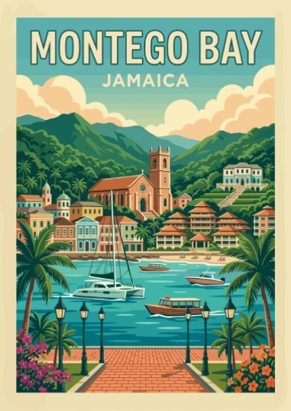 Retro Montego Bay Jamaica travel poster with boats and coastal scenery.