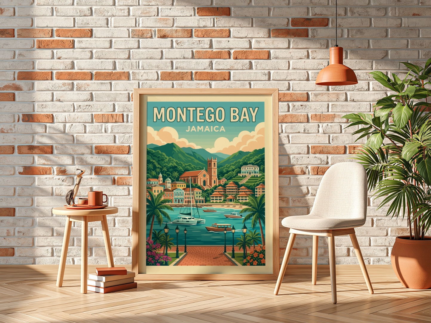 Retro Montego Bay Jamaica travel poster with boats and coastal scenery.