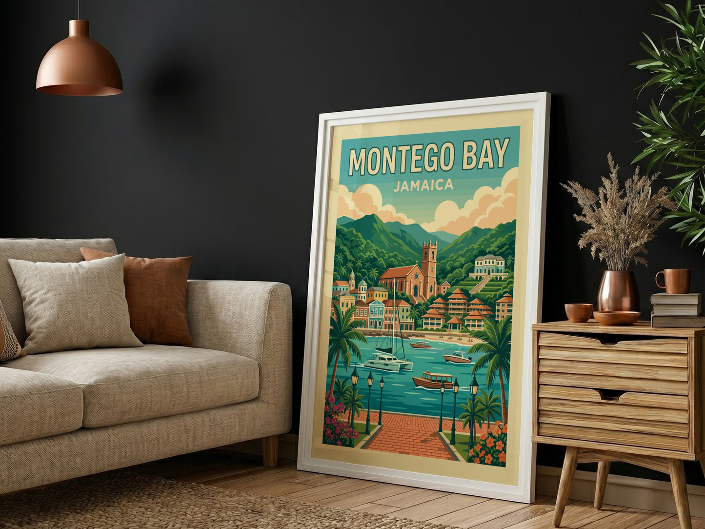 Retro Montego Bay Jamaica travel poster with boats and coastal scenery.