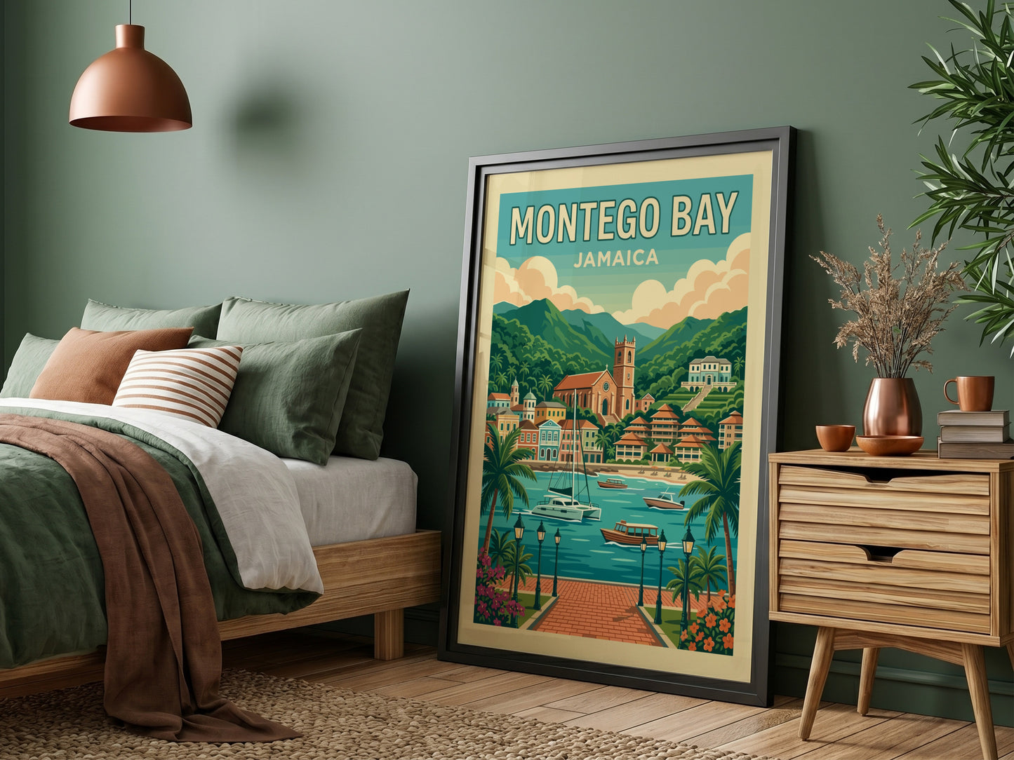 Retro Montego Bay Jamaica travel poster with boats and coastal scenery.