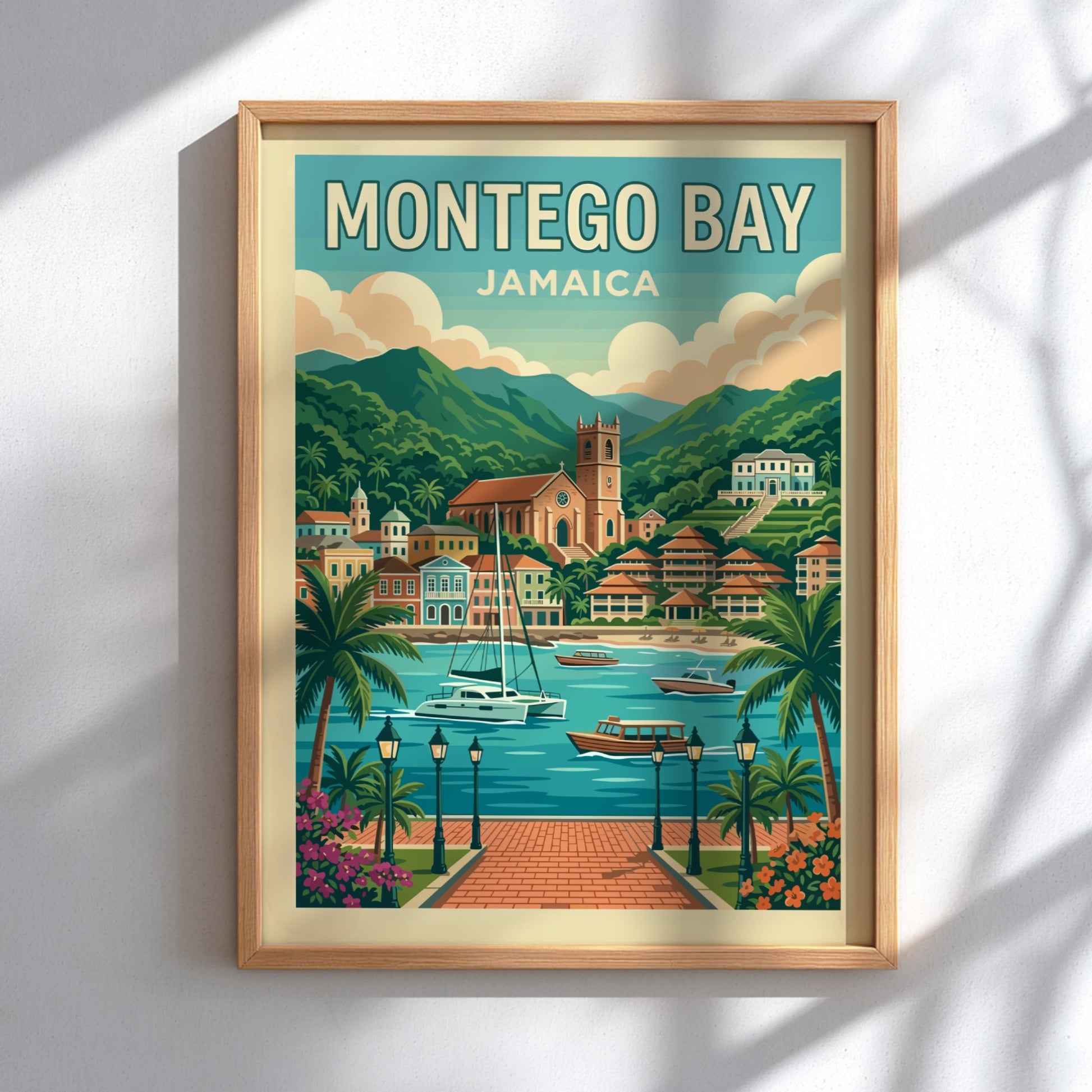 Retro Montego Bay Jamaica travel poster with boats and coastal scenery.