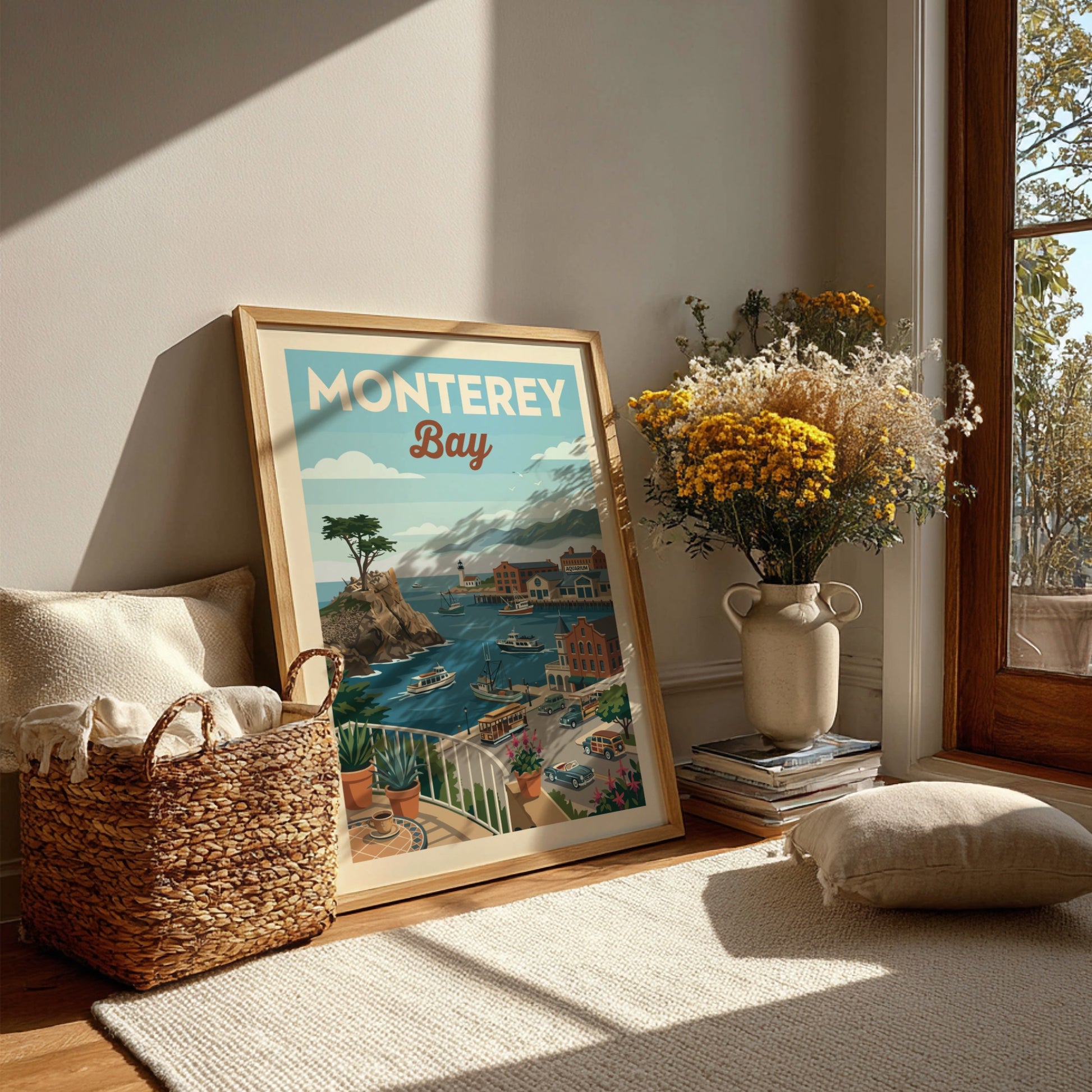 Vintage travel poster of Monterey Bay harbor with boats, buildings, and a cypress tree.