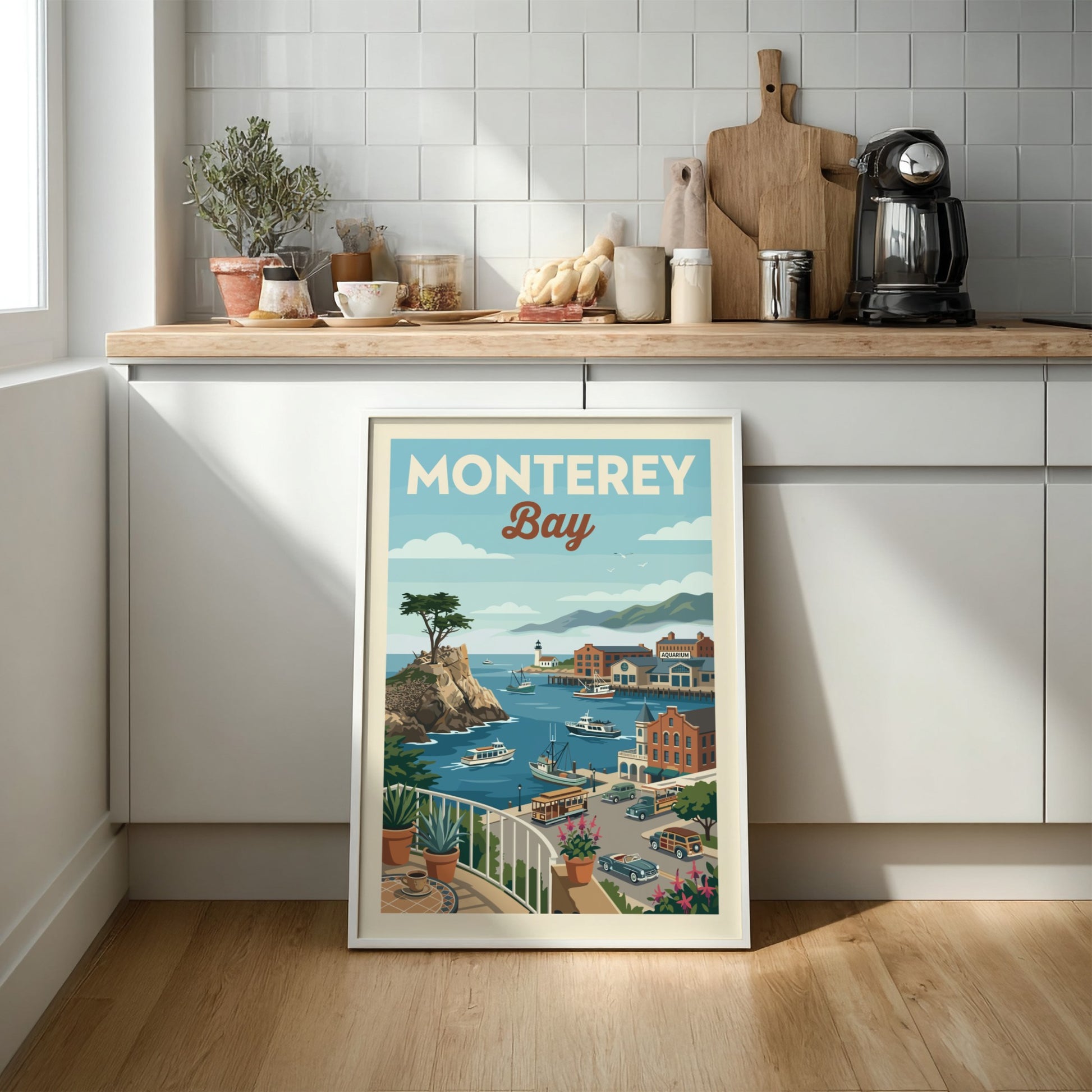 Vintage travel poster of Monterey Bay harbor with boats, buildings, and a cypress tree.
