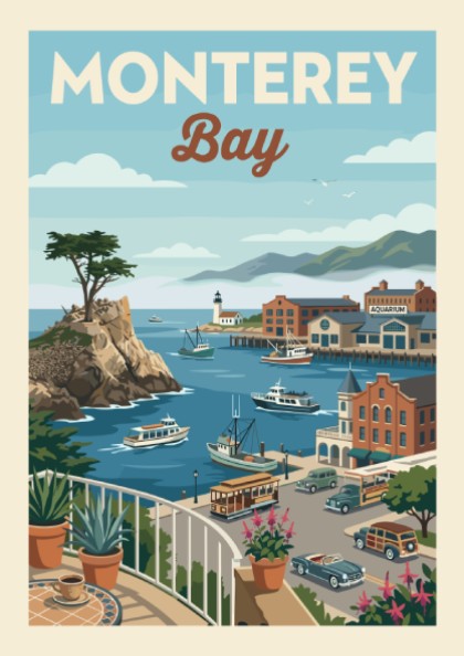 Vintage travel poster of Monterey Bay harbor with boats, buildings, and a cypress tree.