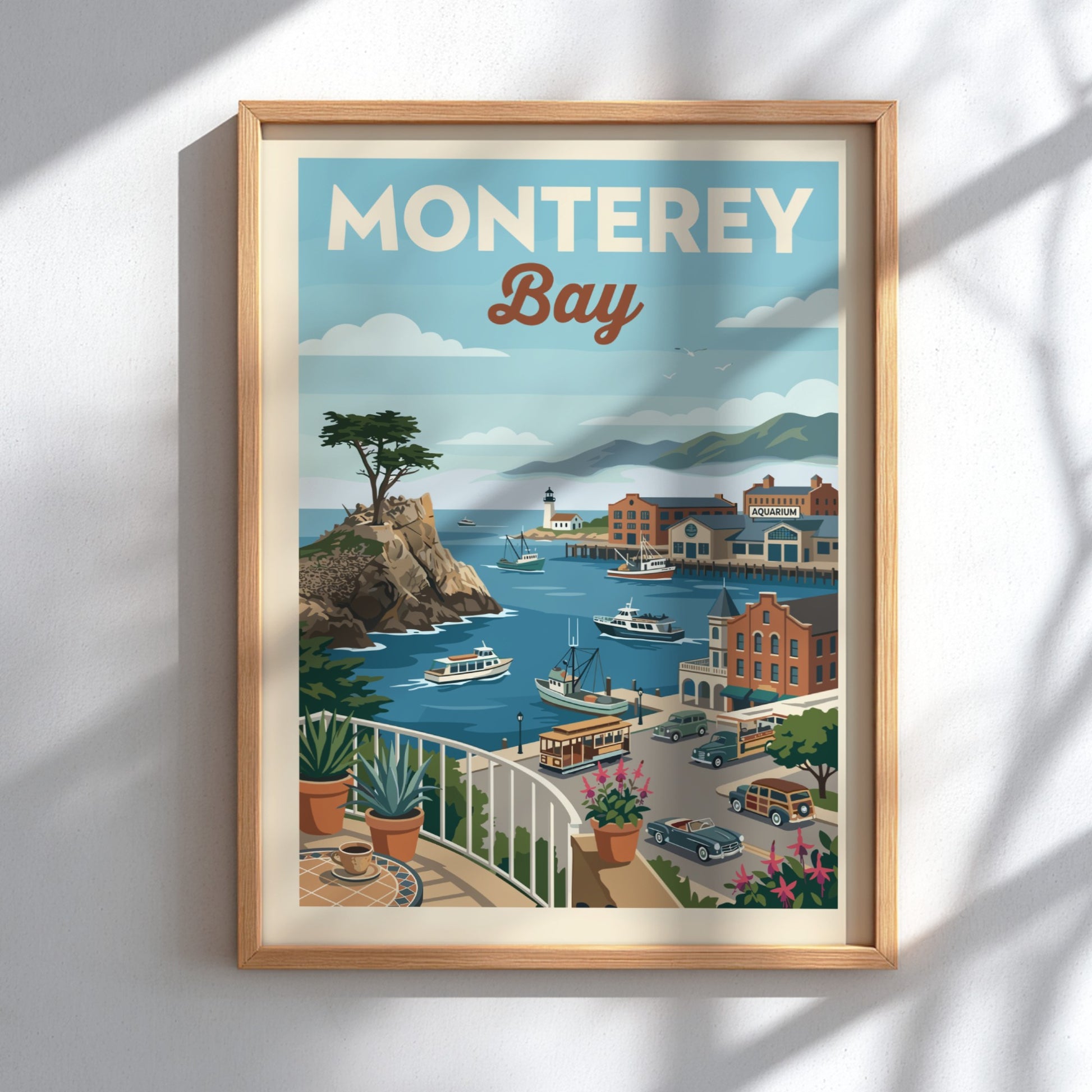 Vintage travel poster of Monterey Bay harbor with boats, buildings, and a cypress tree.