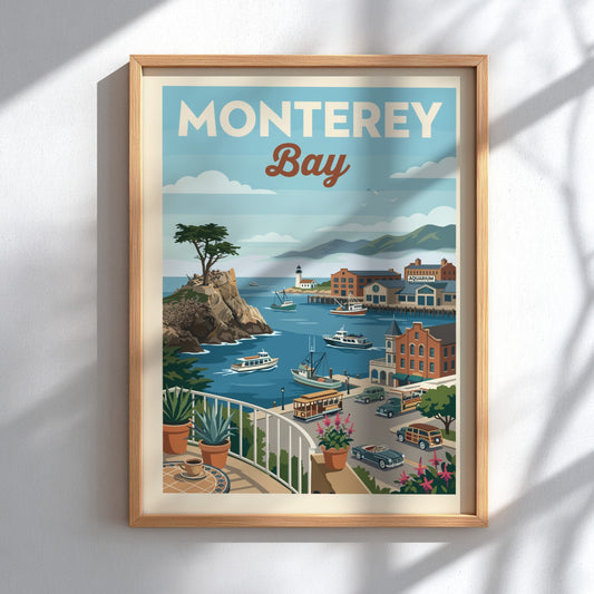 Vintage travel poster of Monterey Bay harbor with boats, buildings, and a cypress tree.