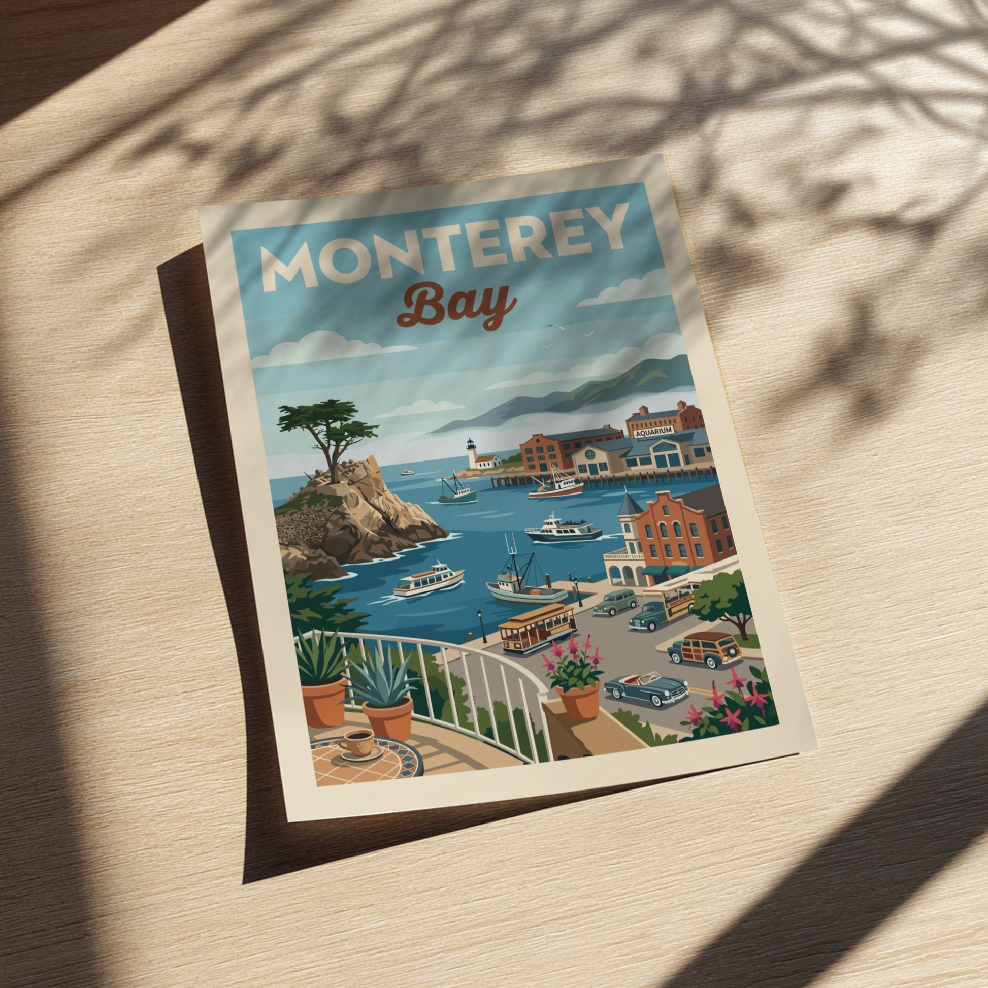 Vintage travel poster of Monterey Bay harbor with boats, buildings, and a cypress tree.