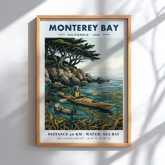 Monterey Bay kayaking poster featuring a person in a kayak and a sea otter.