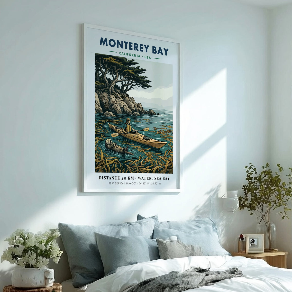 Monterey Bay kayaking poster featuring a person in a kayak and a sea otter.