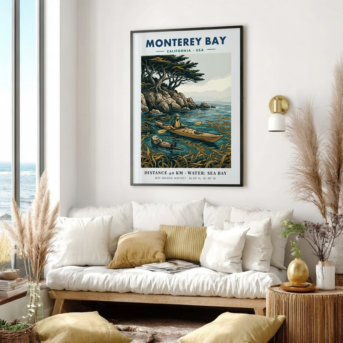Monterey Bay kayaking poster featuring a person in a kayak and a sea otter.