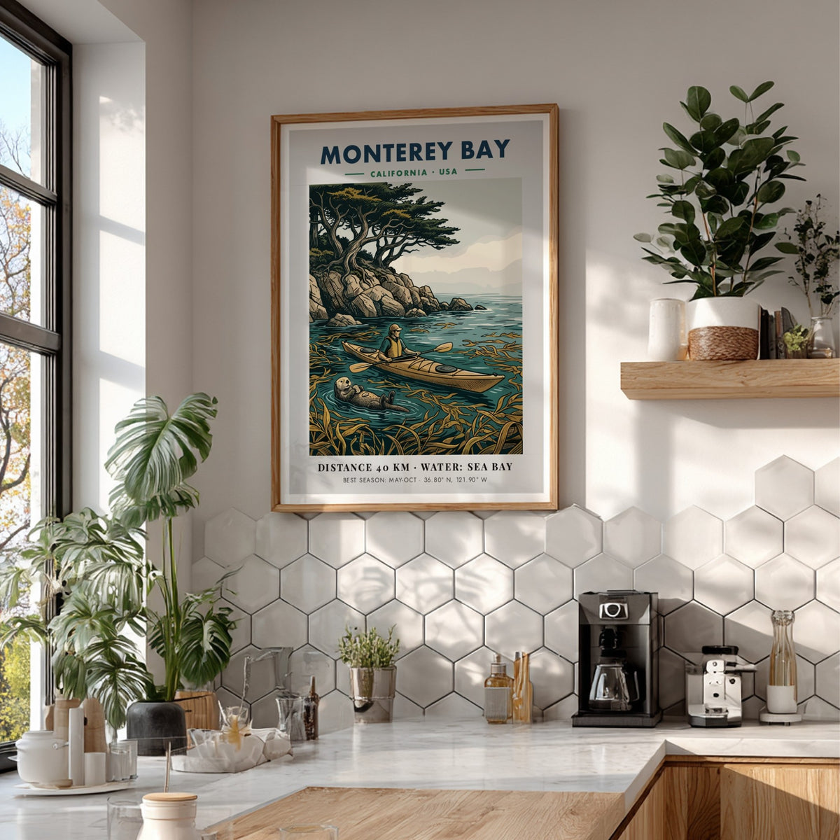 Monterey Bay kayaking poster featuring a person in a kayak and a sea otter.