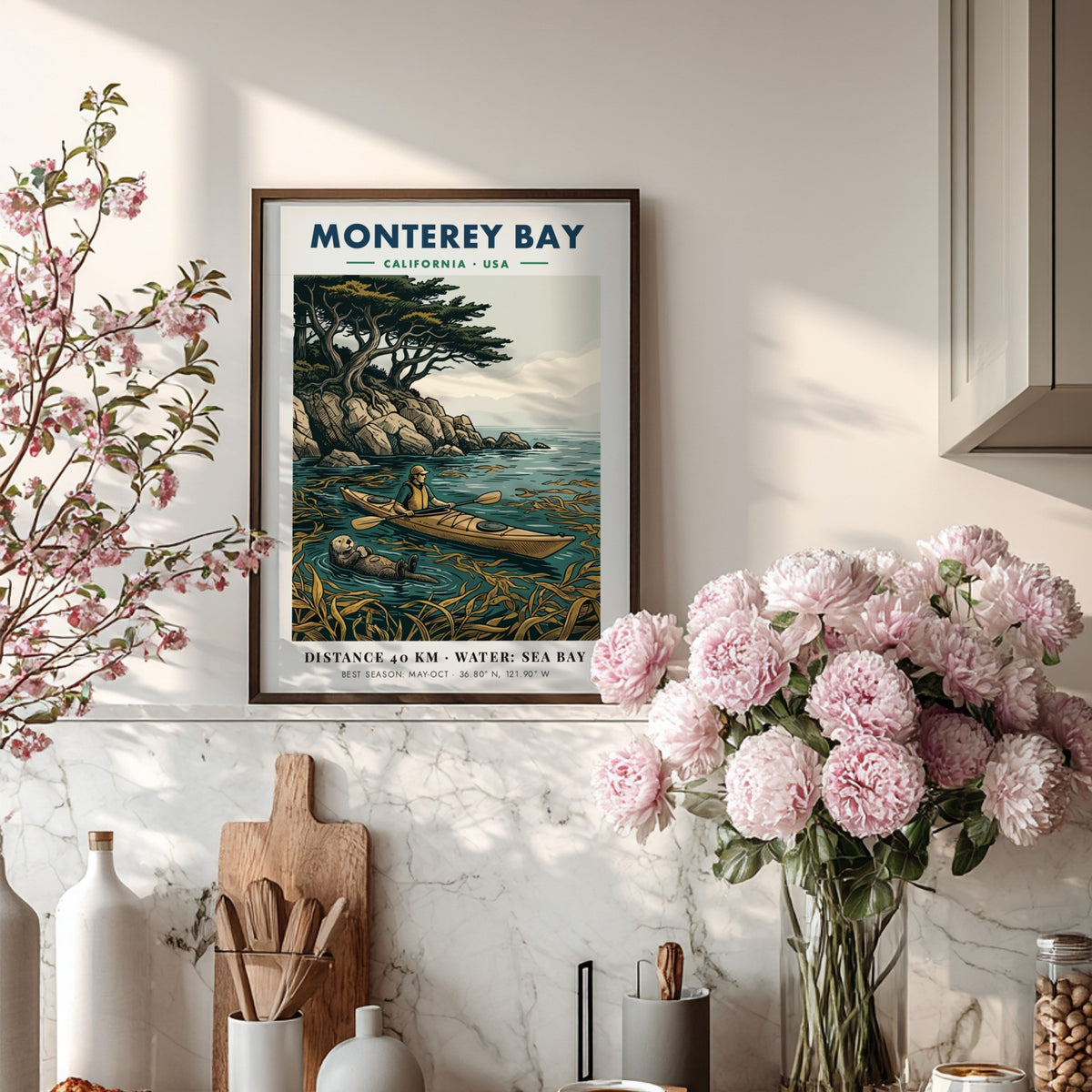 Monterey Bay kayaking poster featuring a person in a kayak and a sea otter.