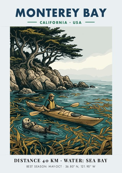 Monterey Bay kayaking poster featuring a person in a kayak and a sea otter.