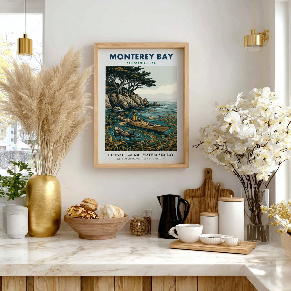 Monterey Bay kayaking poster featuring a person in a kayak and a sea otter.