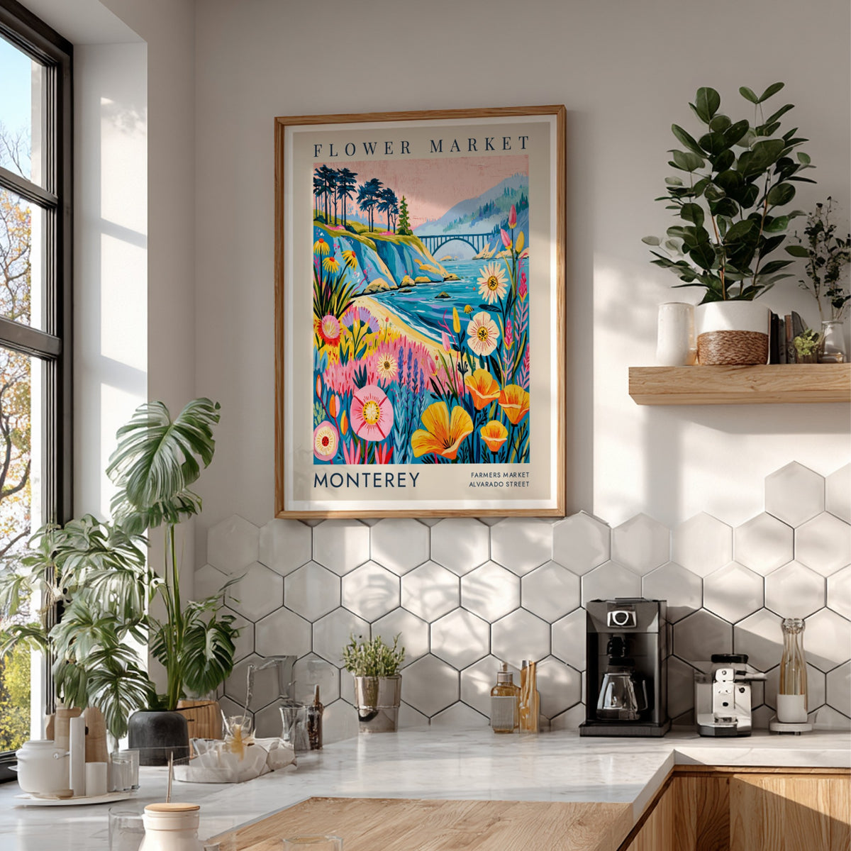Flower market poster featuring colorful wildflowers and coastal scenery in a vibrant art style