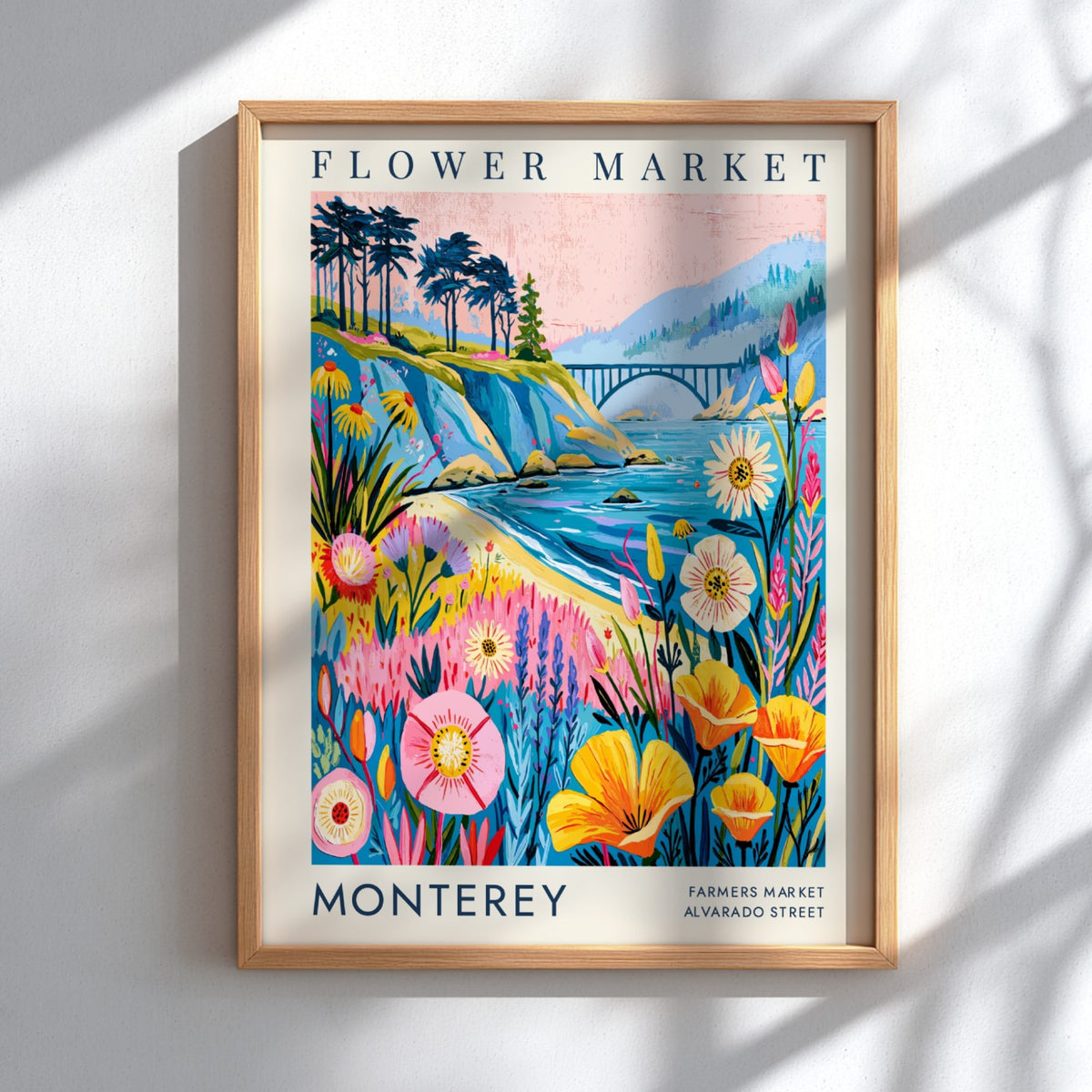 Flower market poster featuring colorful wildflowers and coastal scenery in a vibrant art style