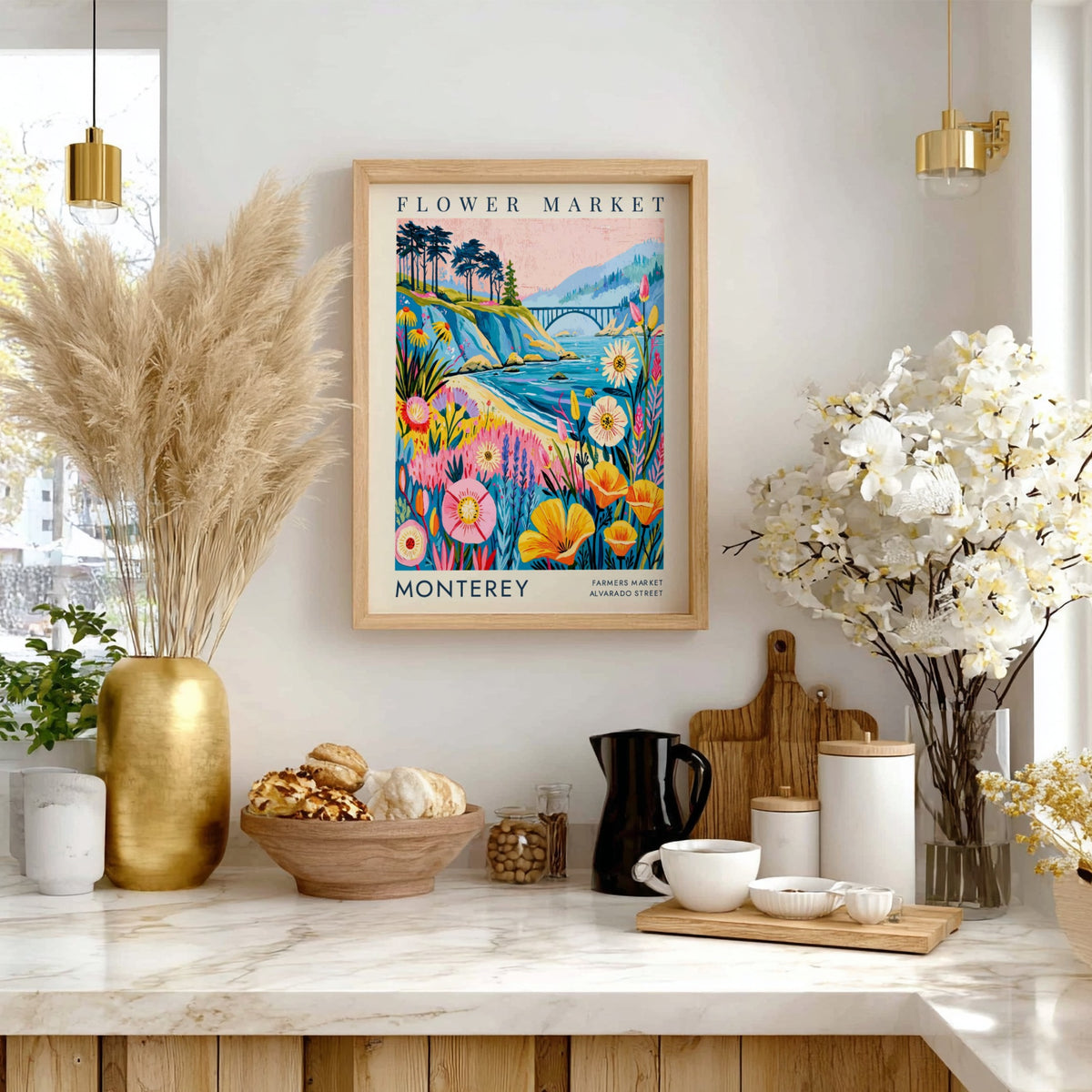Flower market poster featuring colorful wildflowers and coastal scenery in a vibrant art style