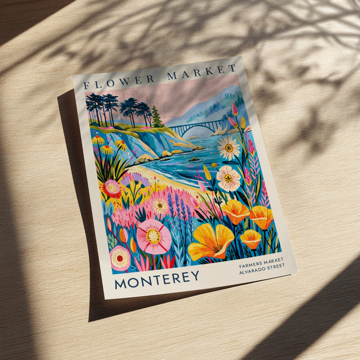 Flower market poster featuring colorful wildflowers and coastal scenery in a vibrant art style