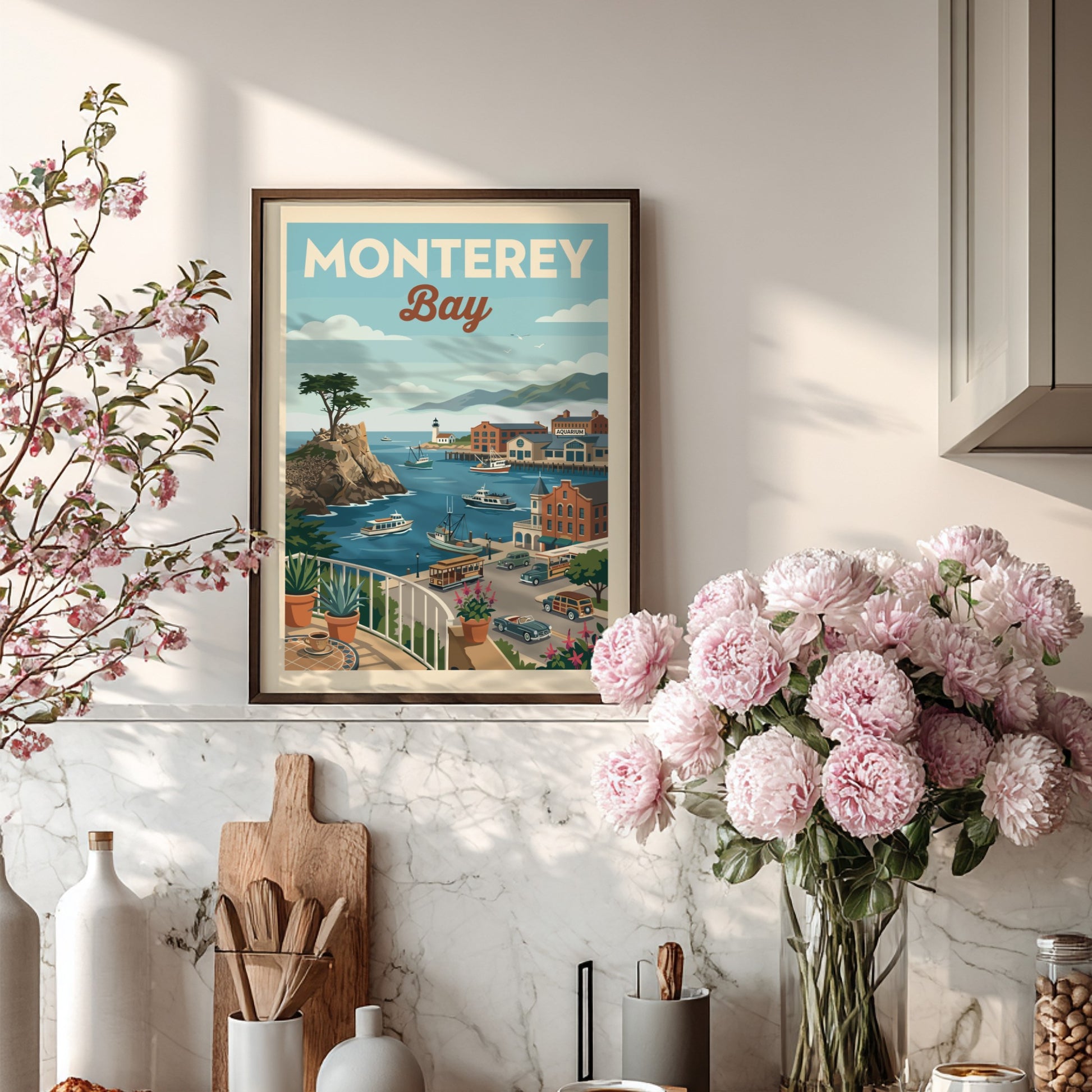 Vintage travel poster of Monterey Bay harbor with boats, buildings, and a cypress tree.