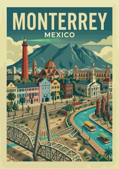 Monterrey, Mexico travel poster featuring a cityscape with a red lighthouse, bridge, and mountains in a retro